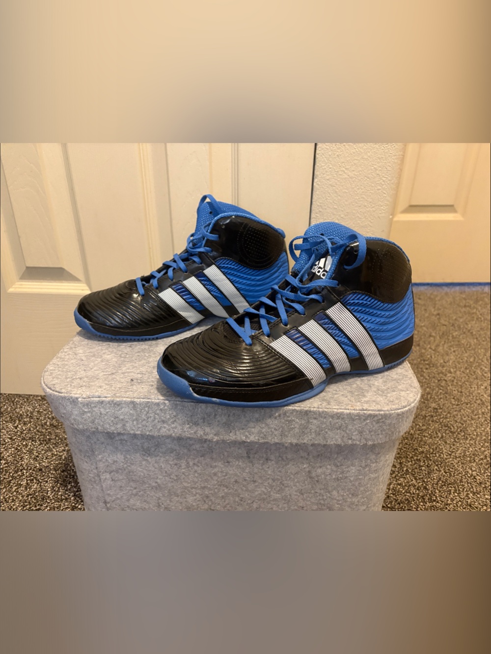 adidas Men’s Black and Blue Athletic Cleats with Silver Stripes
